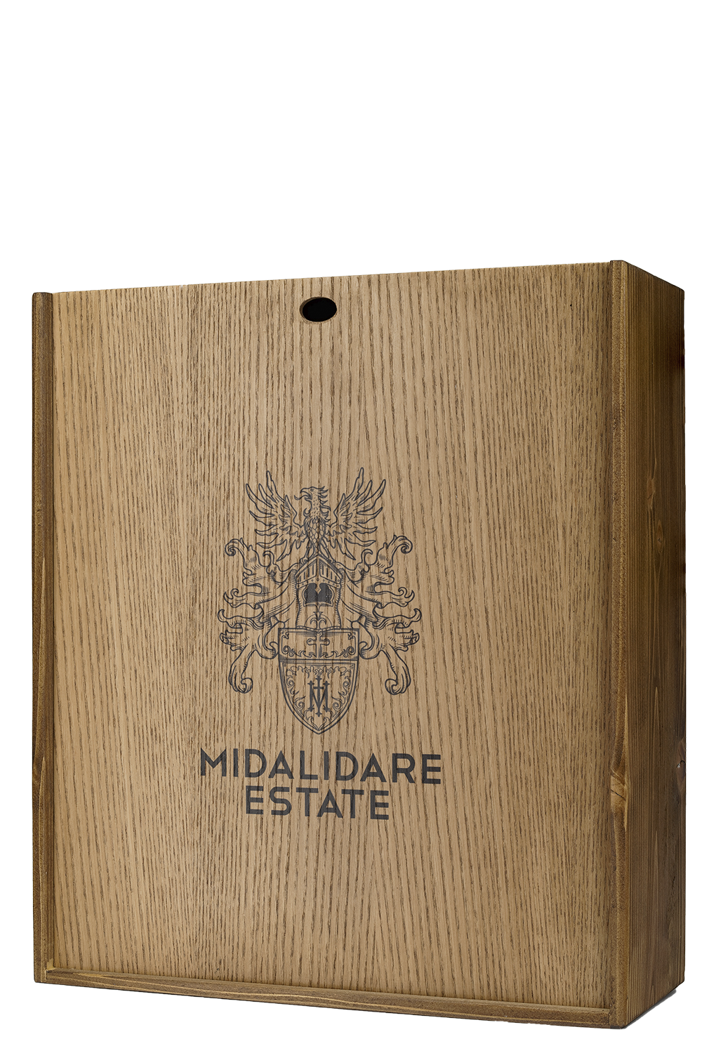 Wooden wine box, three bottles